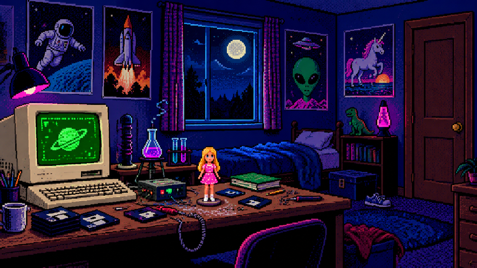 Chunky pixel art bedroom laboratory with a beige computer, a little doll, and a suspiciously normal closed door
